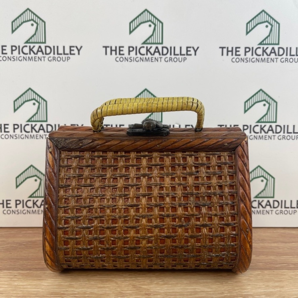 Vintage Woven Wicker & Wood Mini Basket Handbag Boho Top Handle Small Purse Bag